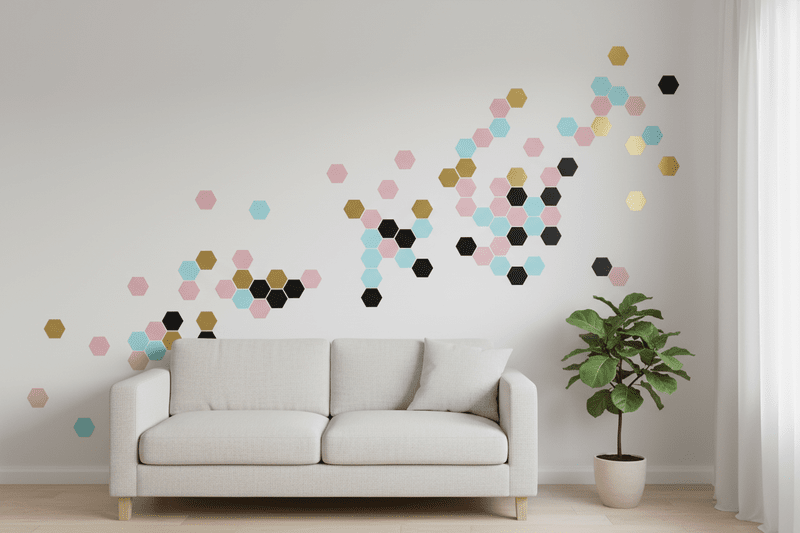 Modern living room with colorful hexagon wall decals creating a stylish accent above a neutral sofa