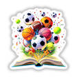 Vibrant Sports Ball Explosion Emerging from an Open Book, showcasing various sports balls bursting forth, reflecting dynamic motion. Perfect for sports enthusiasts as a sticker or digital art piece.