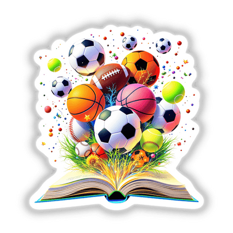 Vibrant Sports Ball Explosion Emerging from an Open Book, showcasing various sports balls bursting forth, reflecting dynamic motion. Perfect for sports enthusiasts as a sticker or digital art piece.