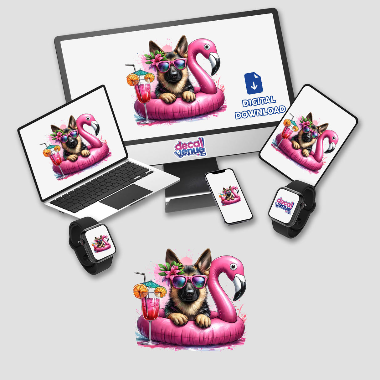 Playful German Shepherd dog on vibrant pink flamingo float with tropical drinks and sunglasses