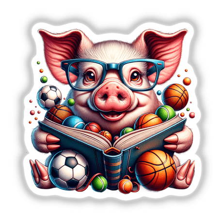 Cute Pig Reading a Book with Glasses and Sports Balls: A whimsical cartoon pig with glasses, engrossed in a book, surrounded by various sports balls, capturing playful charm.