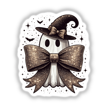 Cute Ghost w/ Glitter Coquette Bow: A cartoon ghost wearing a stylish hat and glittery bow tie, available as stickers or digital artwork. Ideal for adding a whimsical touch to your collection.