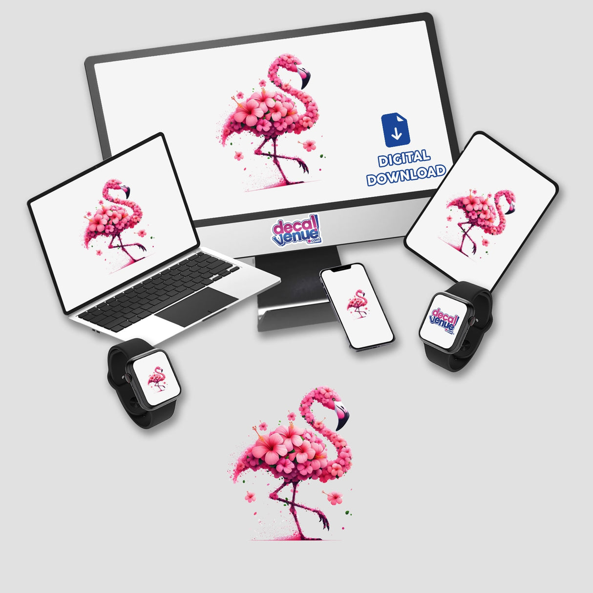 Digital flamingo bird artwork surrounded by pink hibiscus flowers displayed on various electronic devices including a desktop computer monitor, laptop, smartphone, and smartwatch.