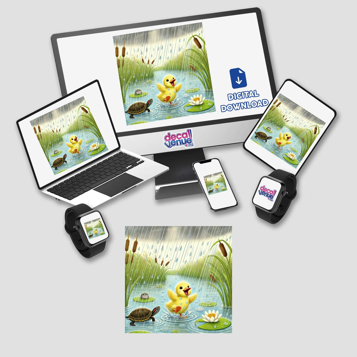 Duckling Turtle Frog In Rain With Plants And Lily displayed on a computer monitor and laptop screen, available as stickers or digital artwork from Decal Venue.