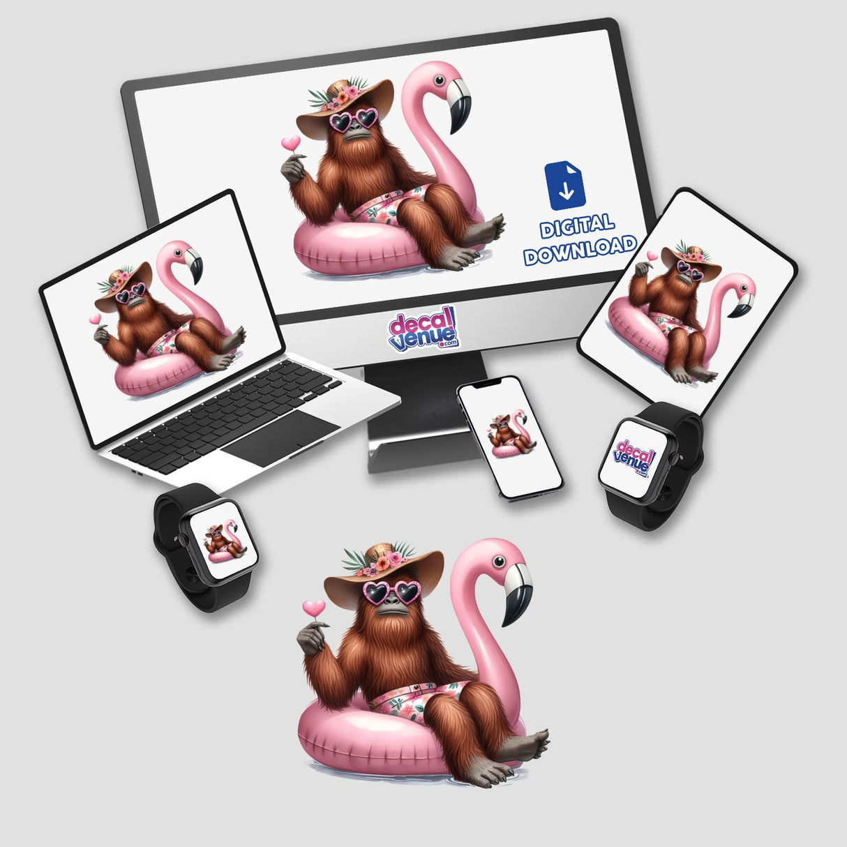 Sasquatch Chillin in Flamingo Float featured on devices, showcasing a cartoon animal wearing sunglasses and a hat sitting on a pink flamingo, available as stickers or digital artwork.