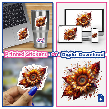 Collage showcasing Fiery Autumn Sunflower as stickers and digital artwork, featuring close-ups on laptops, cups, and phones.
