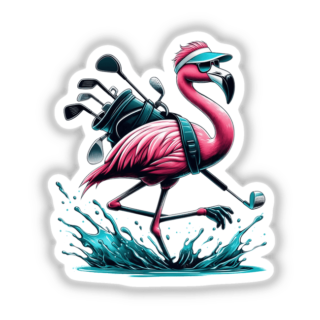 Flamingo Splash Golfer II: A whimsical illustration of a cartoon flamingo carrying golf clubs, available as stickers or digital artwork. Perfect for adding a playful touch to any space.