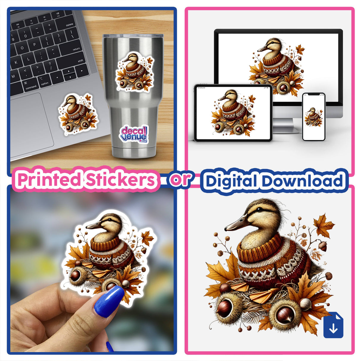 Autumn Duck in Cozy Sweater sticker collage featuring a cartoon duck in a sweater, shown on various items like laptops and phones, highlighting its versatile use as stickers or digital artwork.