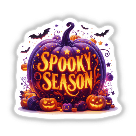 Spooky Season Glowing Pumpkin with carved face and bats, available as stickers or digital artwork.