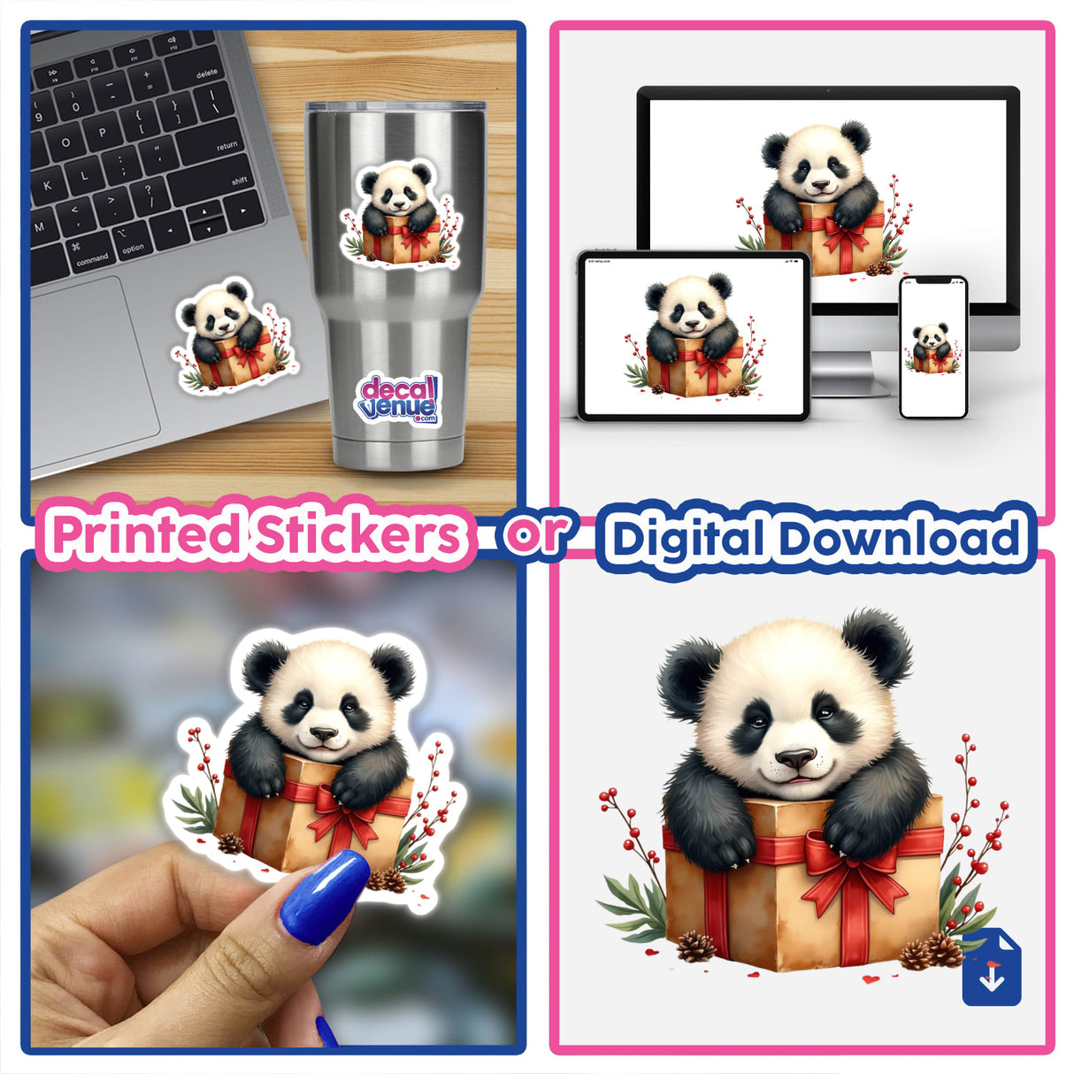 Baby Panda on Christmas Present Box displayed as a sticker, featuring a cute cartoon panda peeking out of a gift box, available as part of Decal Venue's unique sticker collection.