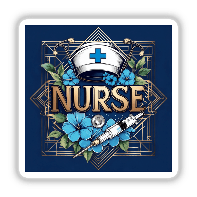 Art Deco Nurse Tribute featuring a stethoscope, blue flowers, and syringe design, available as stickers or digital artwork from Decal Venue.