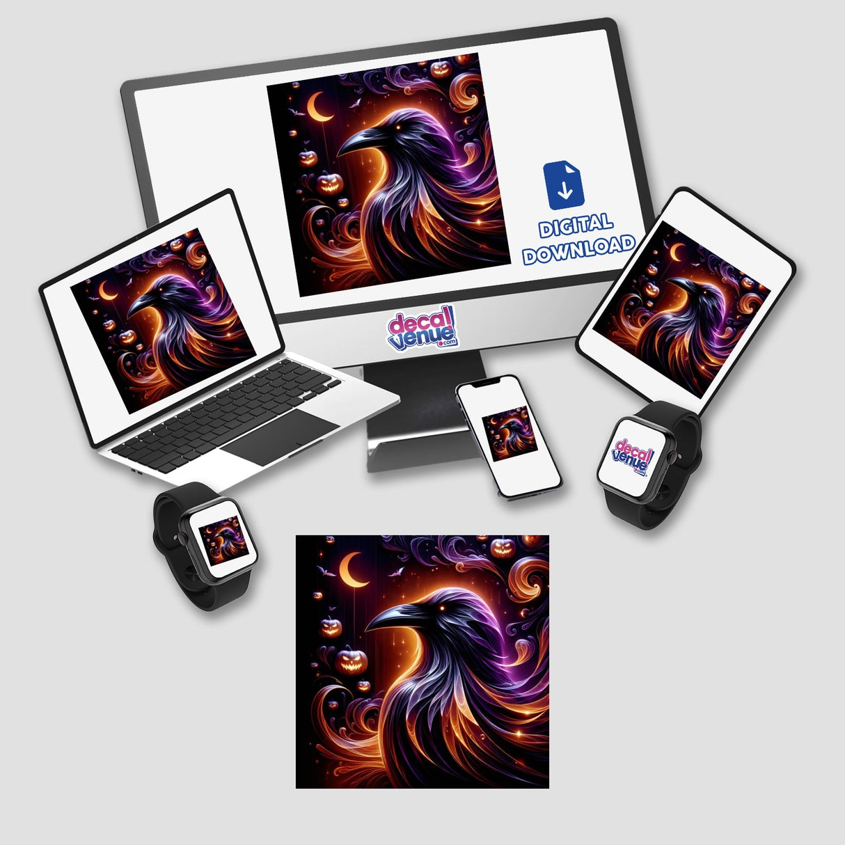 Black Raven Ethereal Halloween Glow digital artwork displayed on a computer monitor and laptop, showcasing a mystical crow against vibrant lights. Available as stickers or digital artwork at Decal Venue.