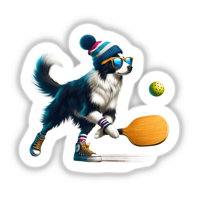Hipster Border Collie Dog Playing Pickleball