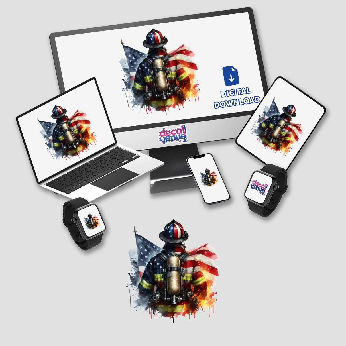 Firefighter Etched Into American Flag displayed on a computer monitor and laptop, available as stickers or digital artwork from Decal Venue.