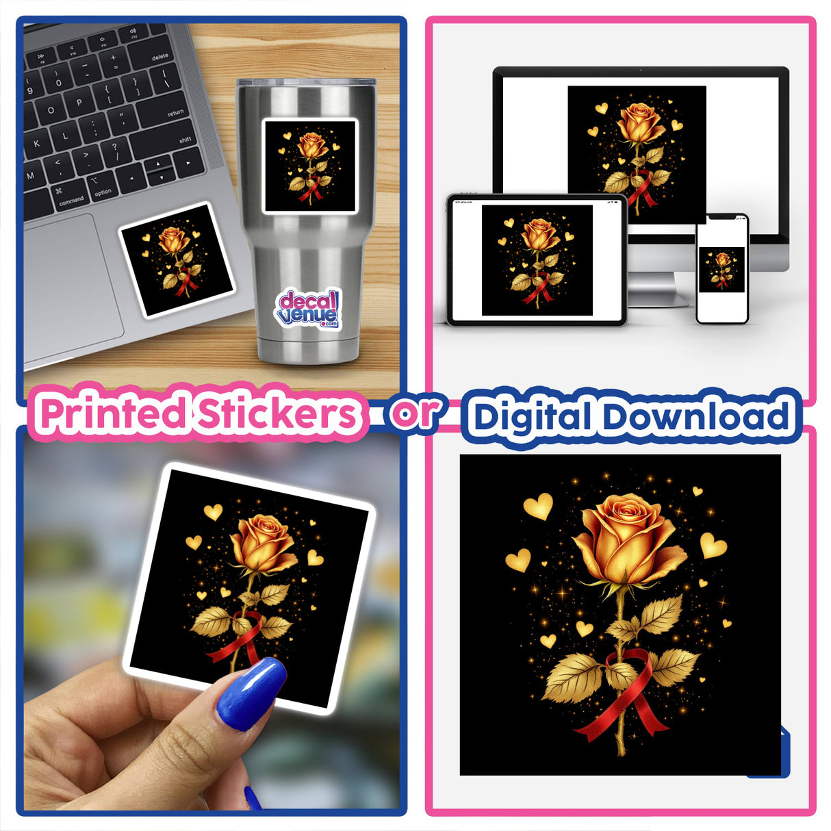 Gold Rose with Red Ribbon and Glitter Hearts sticker displayed next to a laptop, showcasing intricate design details, perfect for decorating gadgets or as digital artwork from Decal Venue.