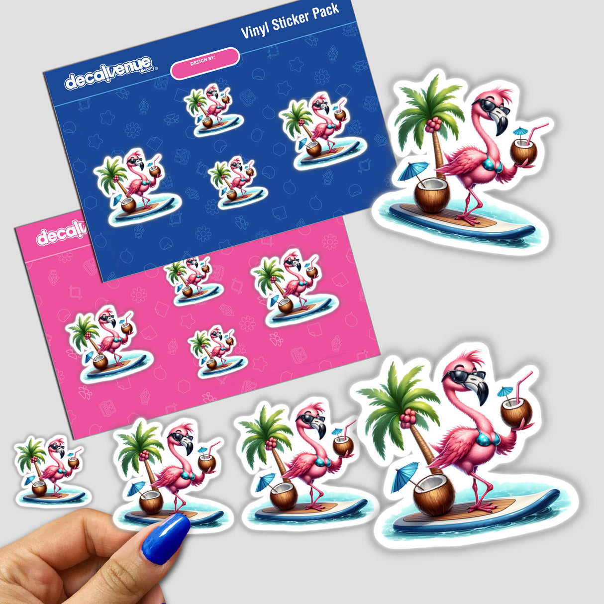 Flamingo in Bikini with Coconut Drink depicted as a whimsical sticker or digital art, highlighting the unique style of Decal Venue's collection.