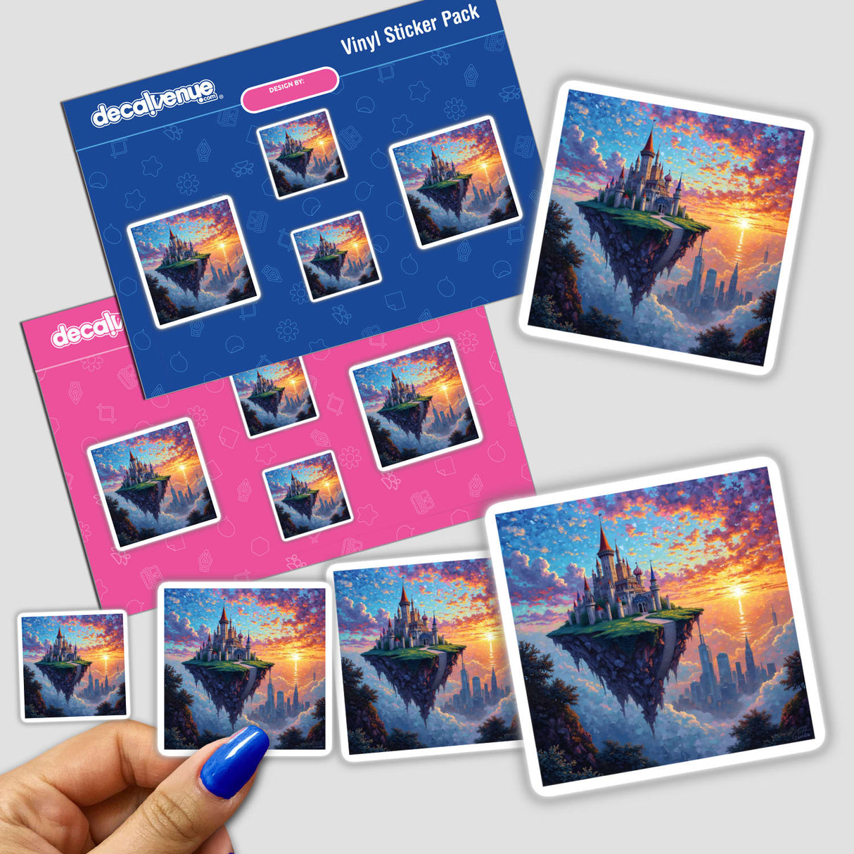 Floating Crystal Castle with City Skyline Glass Mosaic Scene sticker, close-up of a finger holding it, showcasing the intricate artwork of a castle on a floating island.