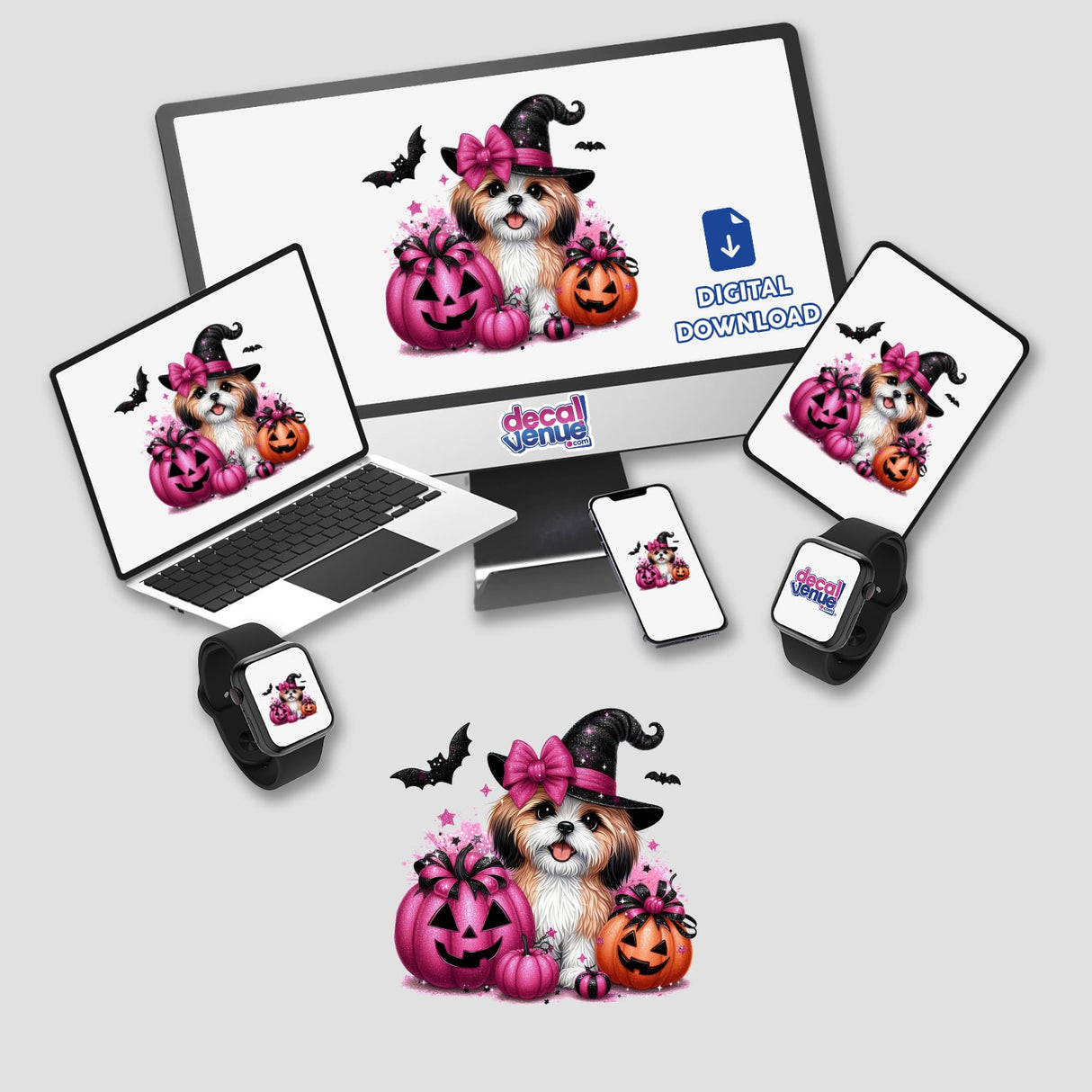 Halloween Tan White Shih Tzu w/Glitter Pumpkins digital artwork displayed on various devices including a computer monitor, laptop, smartphone, smartwatch, and mouse pad. Available as stickers or digital artwork.