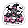 Halloween Witch Pitbull Dog Sparkly Pumpkins sticker or digital artwork features a cartoon dog wearing a witch hat surrounded by carved pumpkins, capturing a whimsical Halloween theme.