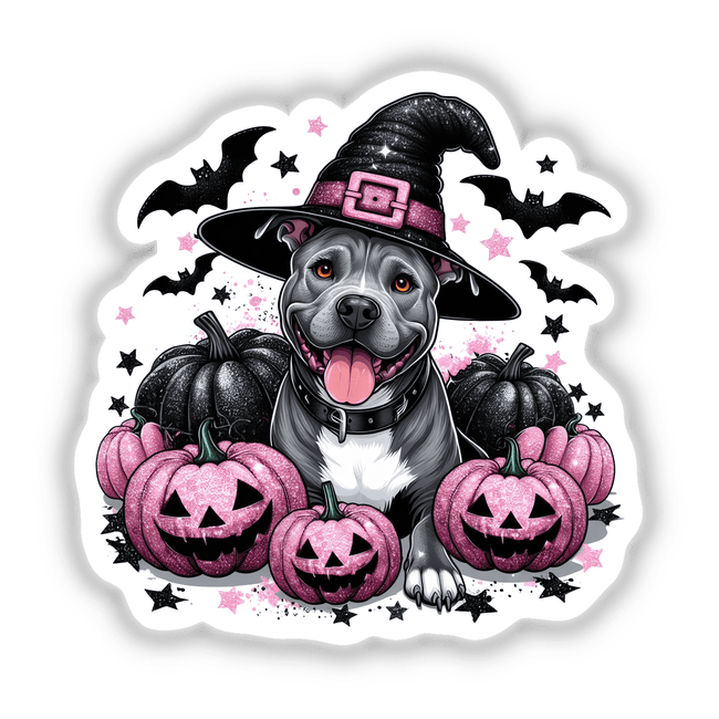 Halloween Witch Pitbull Dog Sparkly Pumpkins sticker or digital artwork features a cartoon dog wearing a witch hat surrounded by carved pumpkins, capturing a whimsical Halloween theme.