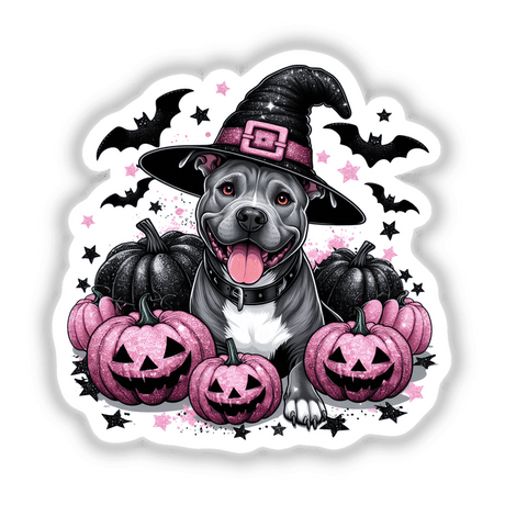 Halloween Witch Pitbull Dog Sparkly Pumpkins sticker or digital artwork features a cartoon dog wearing a witch hat surrounded by carved pumpkins, capturing a whimsical Halloween theme.