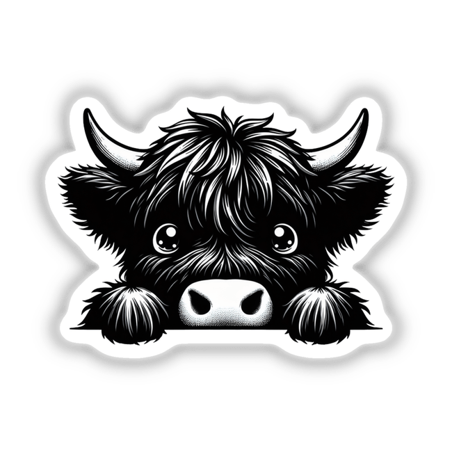 Peeking Highland Cow sticker or digital artwork featuring a charming cow with tufted hair peeking playfully, capturing the essence of Decal Venue's unique vinyl and digital art offerings.