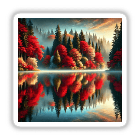 Autumn Reflection - A Lake Mirroring the Fall Colors: A serene painting showcasing a lake with trees and a sun reflection, available as stickers or digital artwork.
