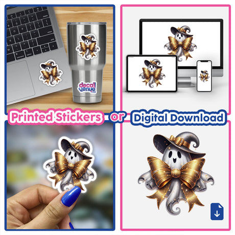 Fancy Golden Bow Ghost sticker displayed on a laptop, featuring a cute ghost with a golden bow, available as stickers or digital artwork from Decal Venue.
