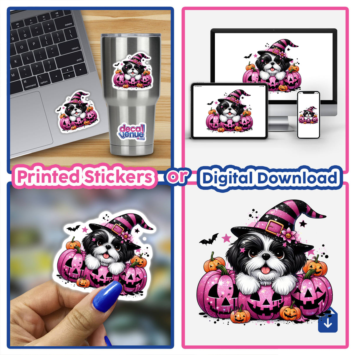 Collage of Shih Tzu dog w/ pink & black glitter Halloween pumpkins as stickers on a laptop, cup, and held by hand.