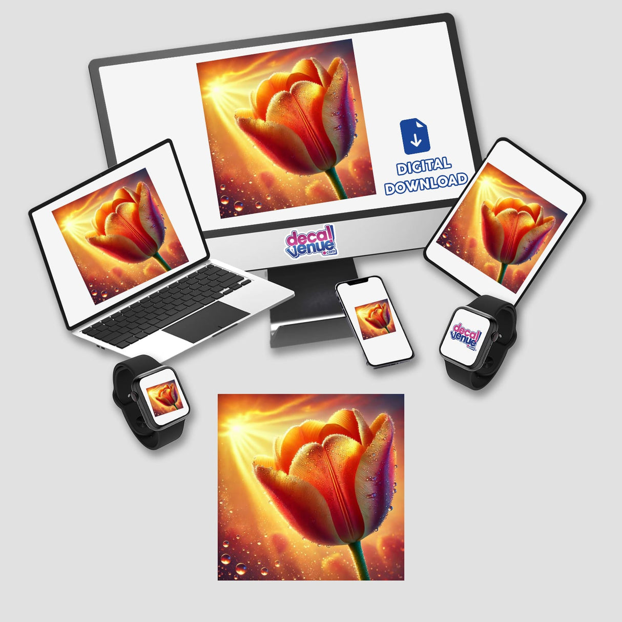 Tangerine Tulip with Dewy Glow displayed on a computer monitor and laptop screen. Available as stickers or digital artwork.