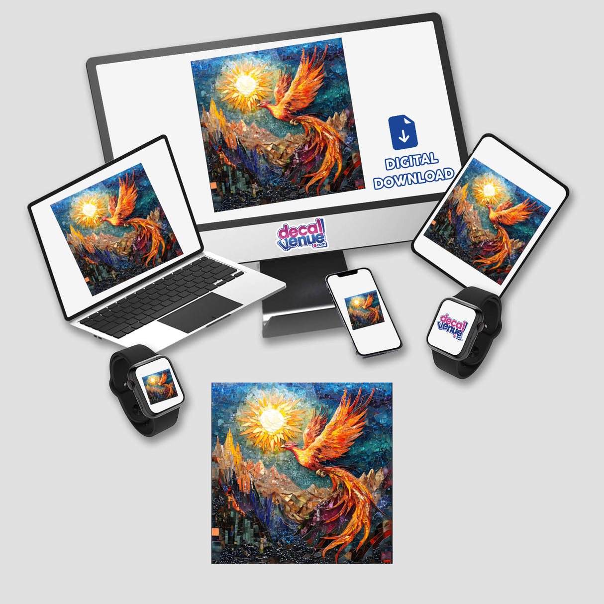 Phoenix Soaring Over Mountains Mosaic displayed on a computer monitor and laptop, highlighting intricate digital artwork of a bird over mountains. Available as stickers or digital artwork from Decal Venue.
