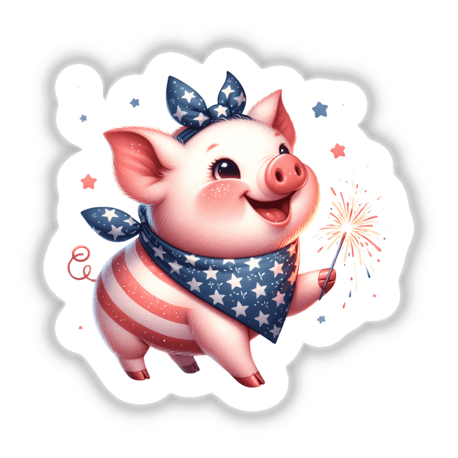 Patriotic Pig Wearing Bandana Holding Sparkler
