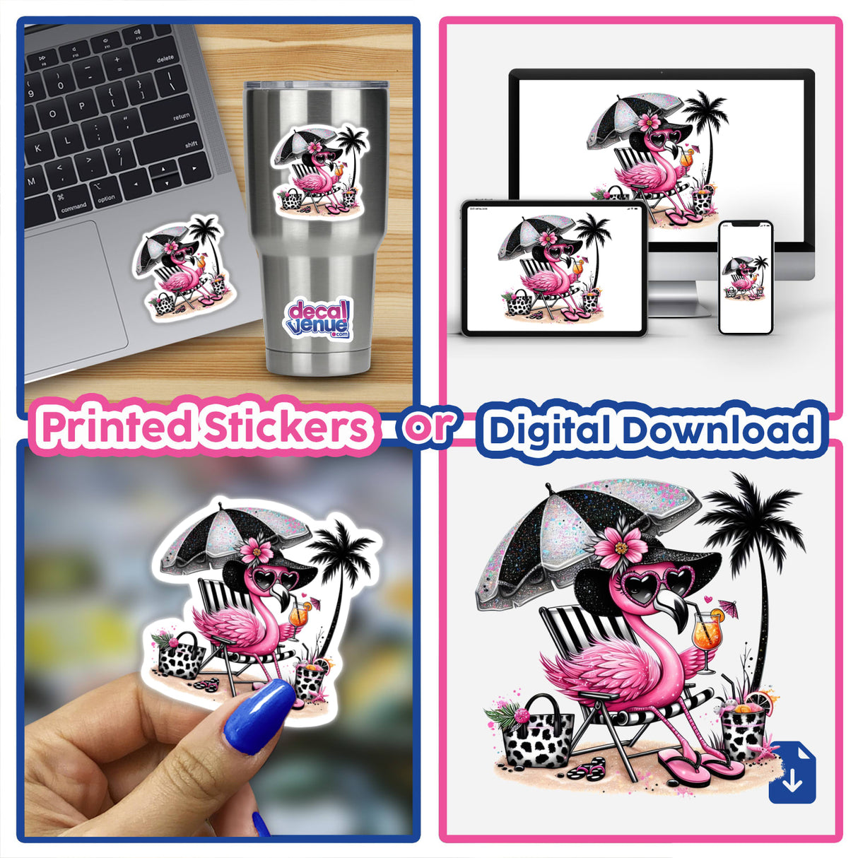 Sassy Beach Flamingo All That Glitters is Pink: A vibrant collage showcasing flamingo-themed stickers and digital art, including a flamingo on a beach chair and various whimsical scenes, available as unique vinyl stickers or digital artwork.