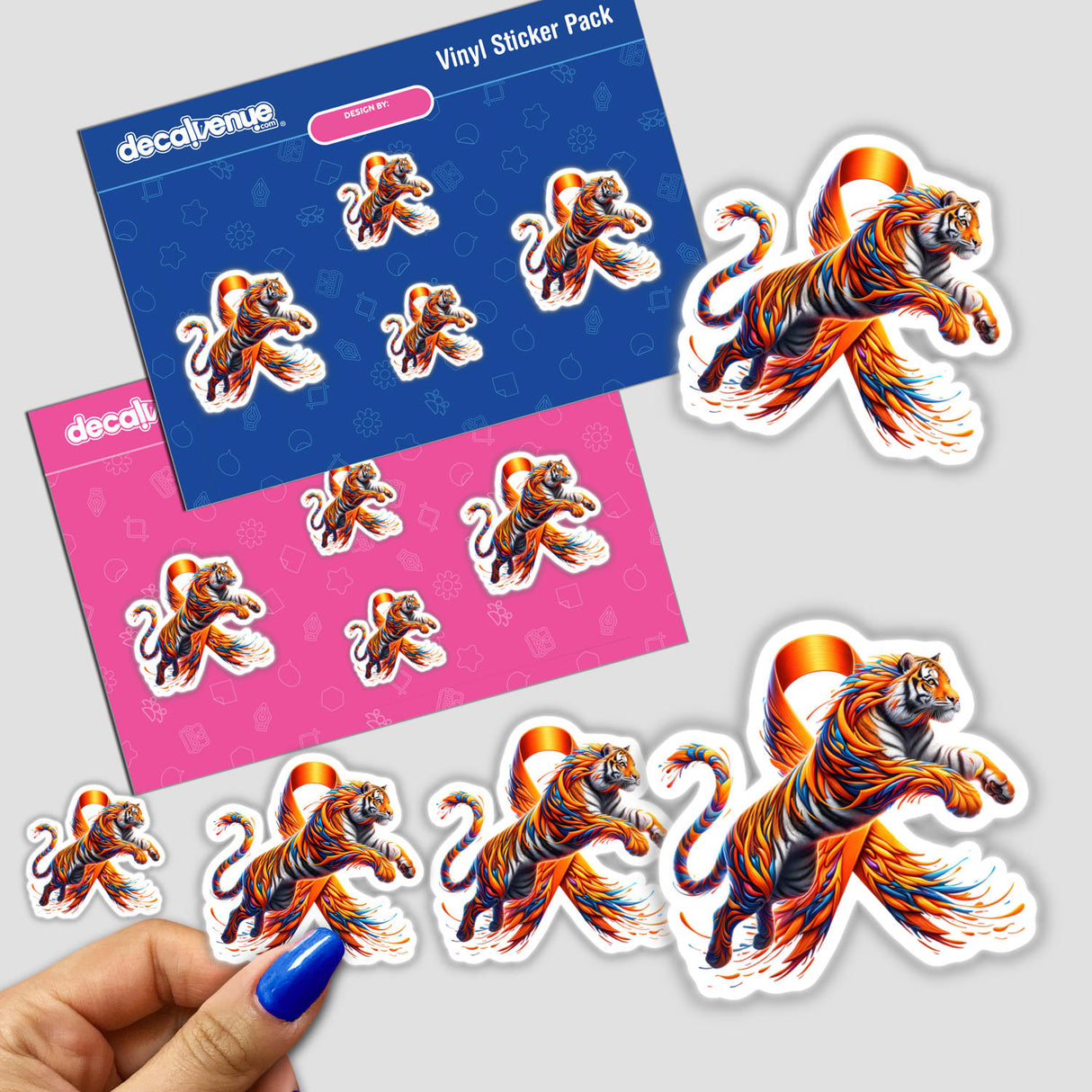 Tiger Orange Ribbon Leukemia Awareness stickers featuring cartoon tigers with orange ribbons, vibrant feathers, and unique patterns, held in a hand. Available as decals or digital art.