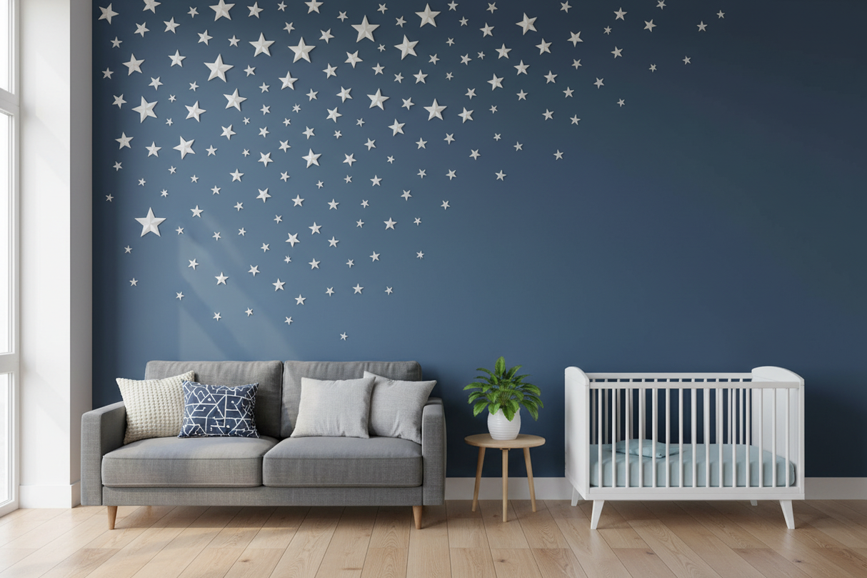 White Stars Vinyl Wall Decals embellish a deep blue wall in a modern living-room/nursery setup, adding a whimsical touch with their matte finish and customizable arrangement.