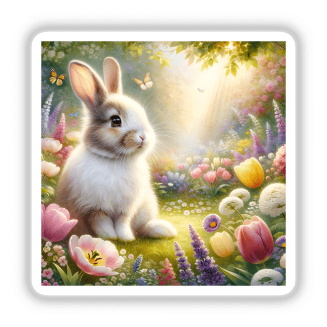 Rabbit in a Blooming Meadow Watercolor Illustration featuring a rabbit among vibrant flowers and foliage, available as stickers or digital art from Decal Venue, known for unique designs.
