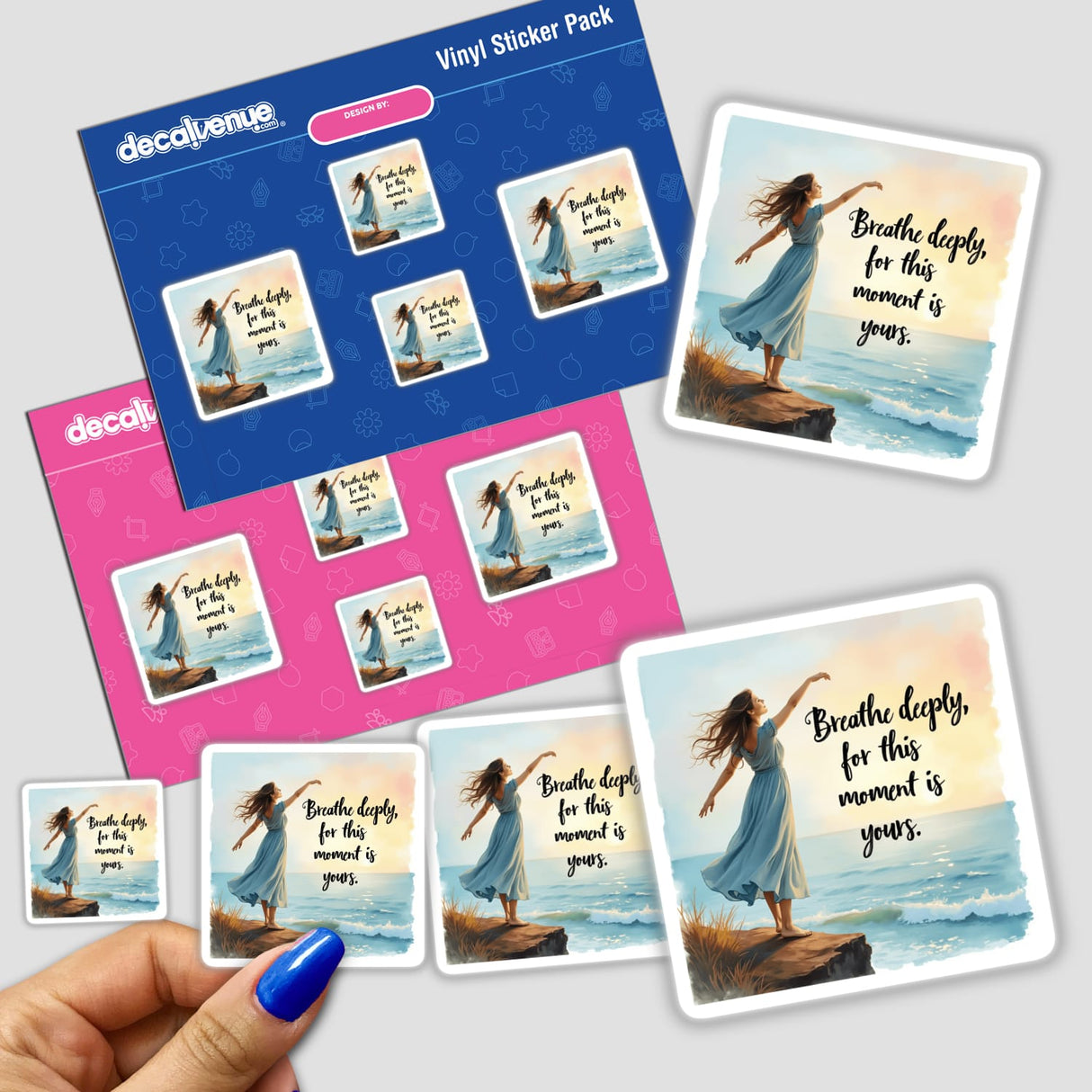 Free-Spirited Woman on a Cliff sticker pack featuring a woman in a blue dress with outstretched arms on a beach, embodying the serene message “Breathe deeply, for this moment is yours.”
