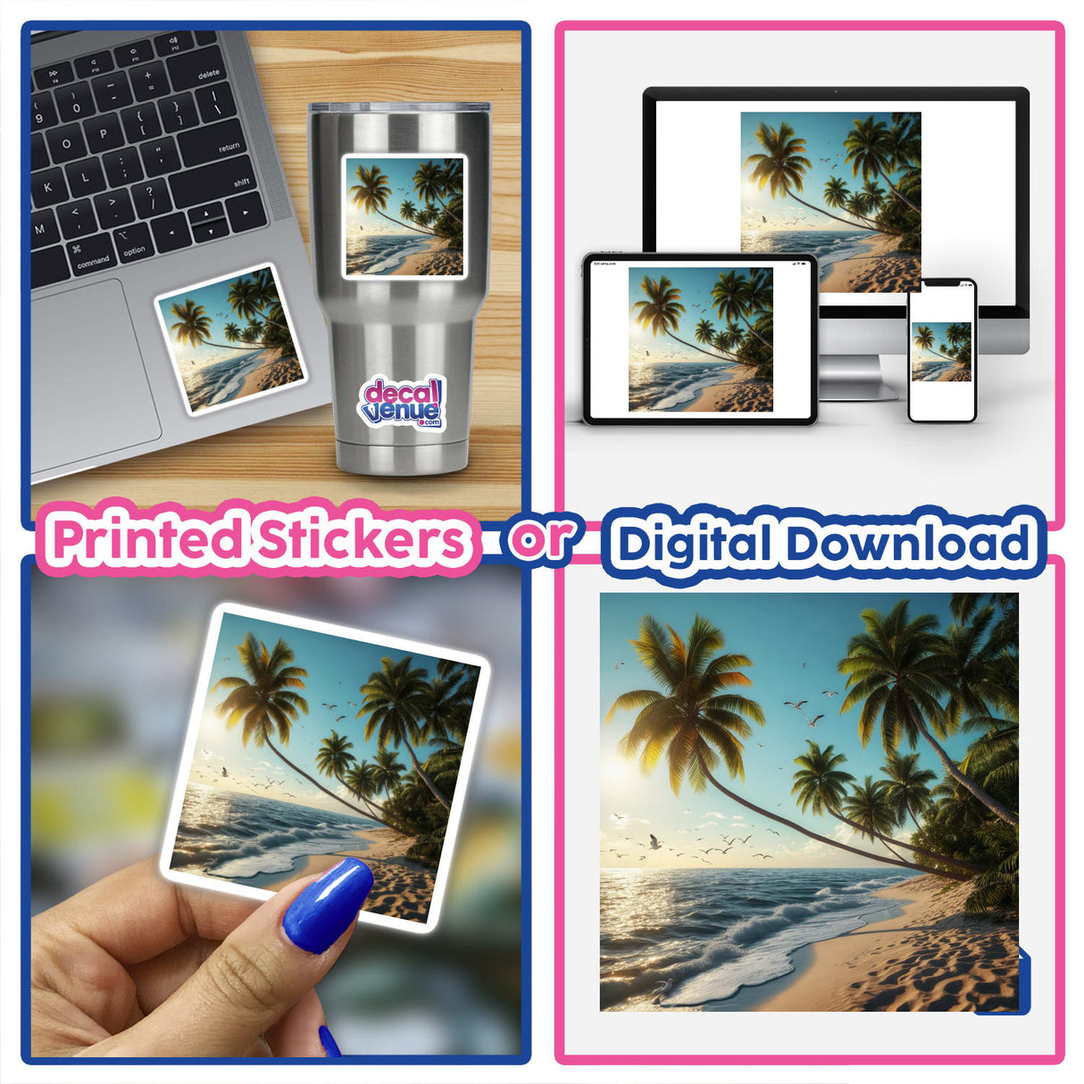 Golden Coast Seagulls Over Tropical Beach: A collage featuring beach scenes, palm trees, and digital artwork, available as stickers or digital pieces, reflecting Decal Venue's unique vinyl aesthetic.