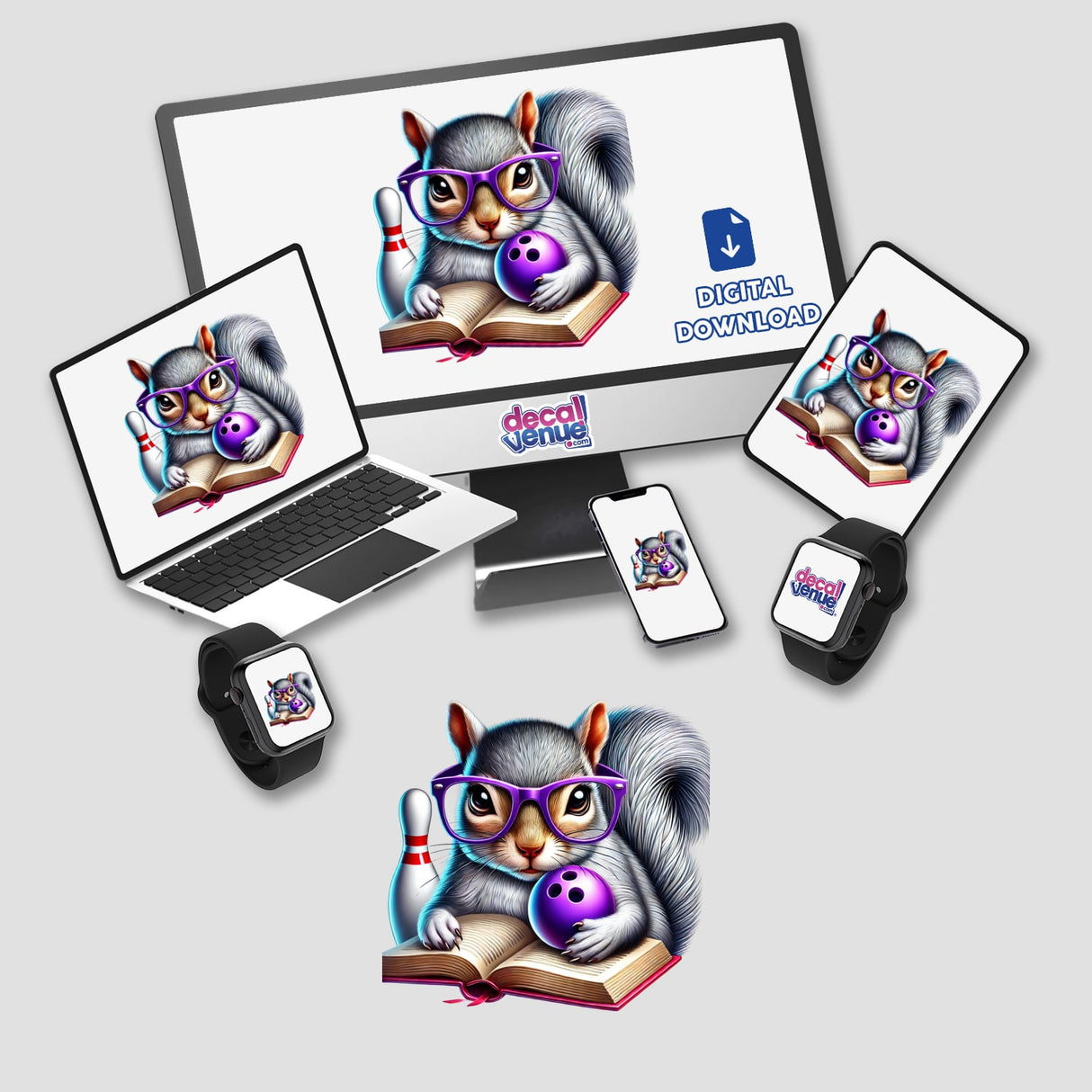 Squirrel Reading a Book with Purple Glasses and Bowling Ball, featured on a computer monitor and laptop, available as unique stickers or digital artwork.