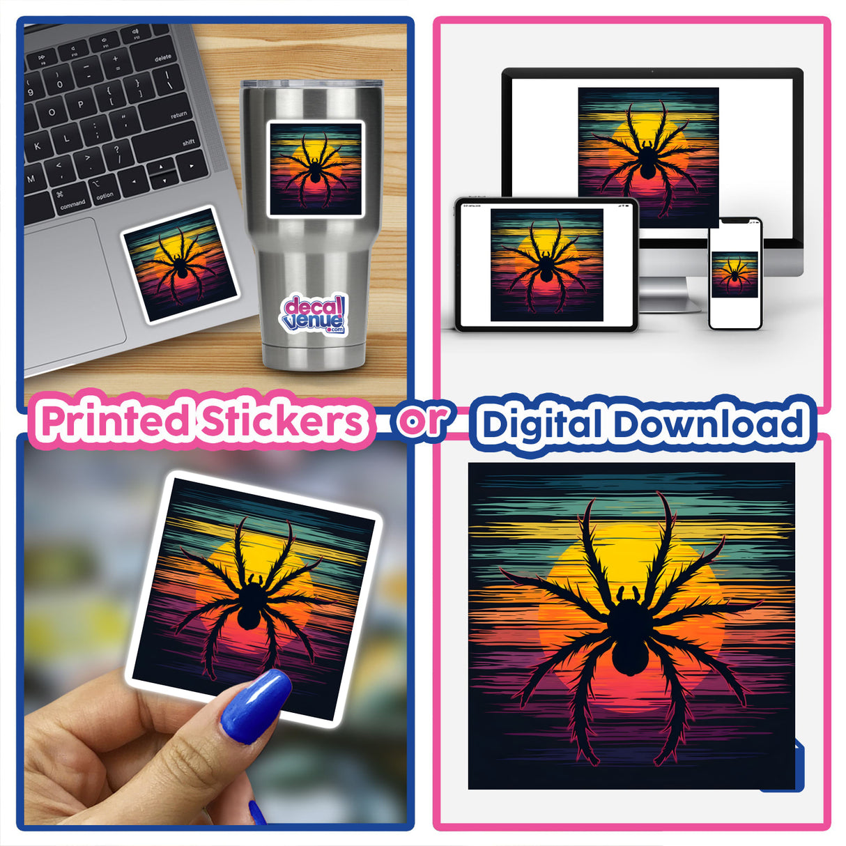 Spider Silhouette with Dynamic Color Stripes Halloween design collage featuring stickers on laptops, close-ups of hands holding stickers, and vibrant spider artwork on screens.