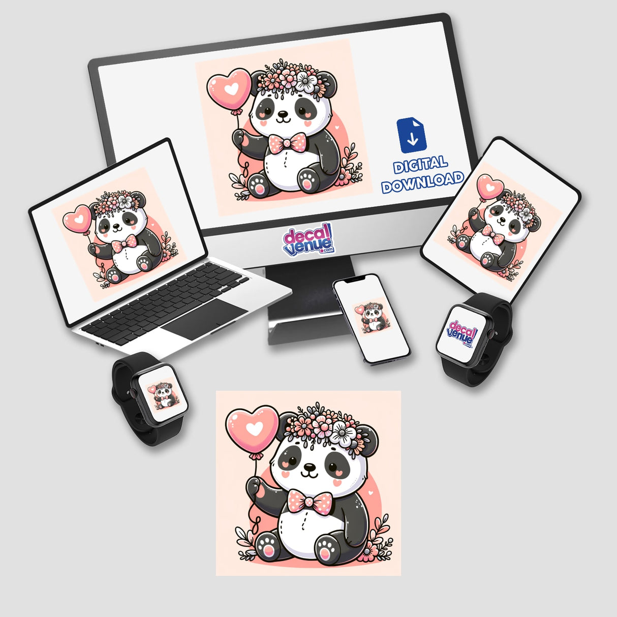 Cute Panda with Flower Crown and Heart Balloon displayed on a computer monitor and laptop, showcasing the sticker or digital artwork available at Decal Venue for unique decor.