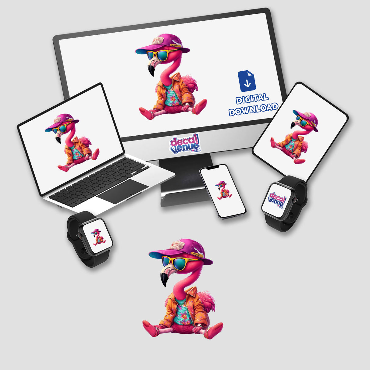 Stylish Flamingo: A cartoon flamingo wearing a hat and sunglasses displayed on a computer monitor and laptop. Available as stickers or digital artwork.