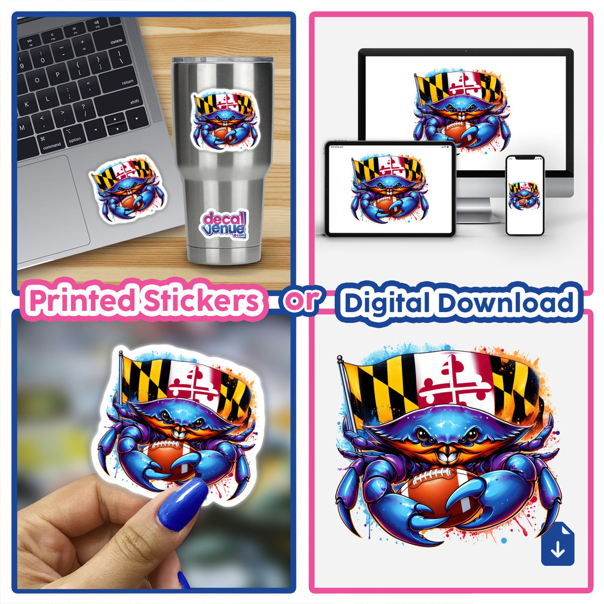 Maryland Crab Football Splatter sticker, featuring a cartoon crab holding a football and flag, shown in a collage with applications on a hand and a laptop.