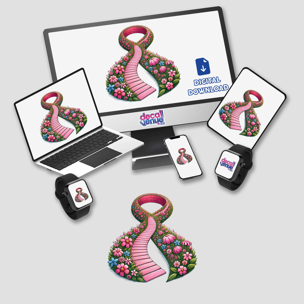 Pink Ribbon Pathway digital artwork by DecalVenue, featuring a charming floral pathway on a computer monitor, laptop, and tablet screen, ideal for crafting fun projects.