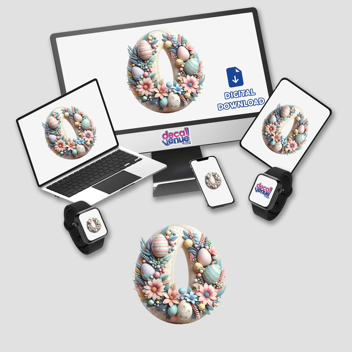 Beautiful Easter Wreath with Floral Accents and Eggs displayed on a computer monitor and laptop, offered as stickers or digital artwork by Decal Venue.