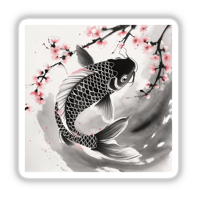 Koi Fish with Cherry Blossoms Sumi-e Japanese Watercolor showcased as a vibrant sticker or digital artwork, embodying the unique and artistic essence of Decal Venue's collection.
