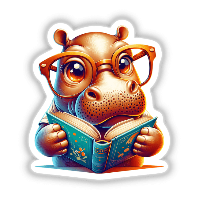 Cartoon hippo with reading glasses, holding an open book, available as stickers or digital artwork titled Hippo With Reading Glasses Open Book from Decal Venue.