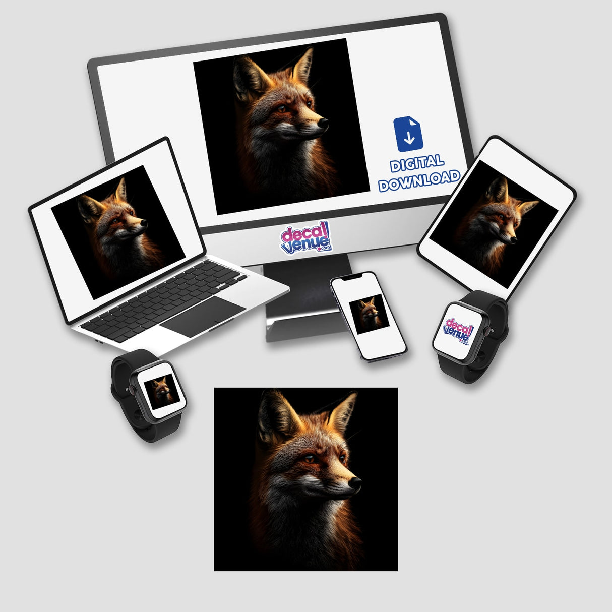 Cinematic Fox Portrait on Black Background displayed on a computer monitor and smart watch, showcasing unique digital art available as stickers or digital artwork.