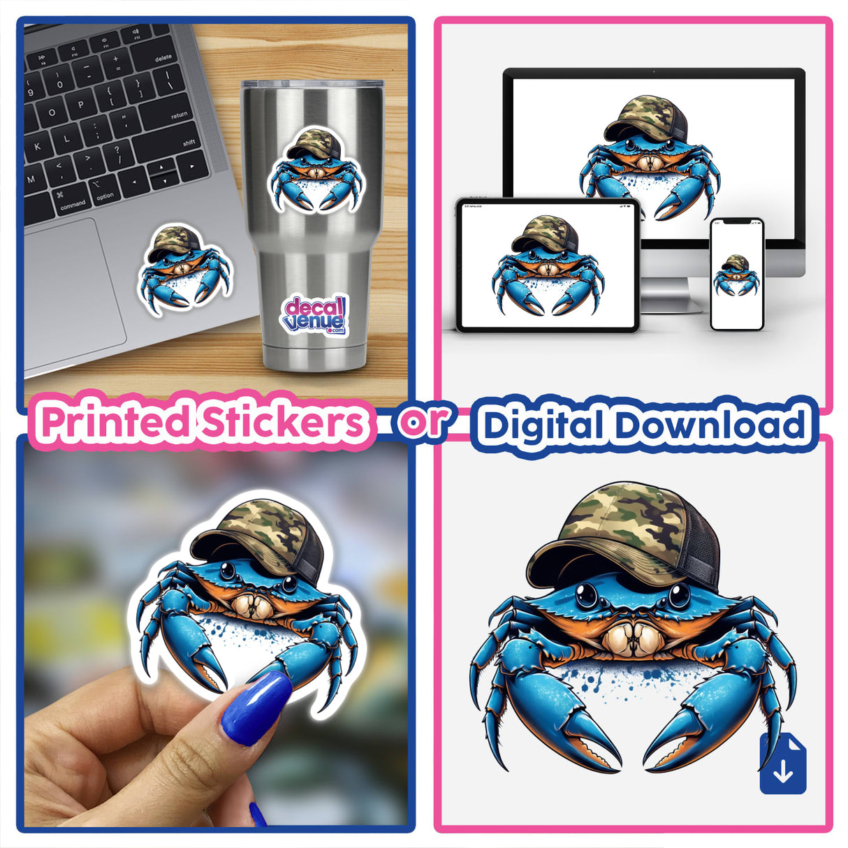 Blue Crab wearing Camo Trucker Hat sticker, depicted in a collage, showcasing diverse applications like laptops and fingernails, embodying Decal Venue's unique vinyl sticker and digital art collection.