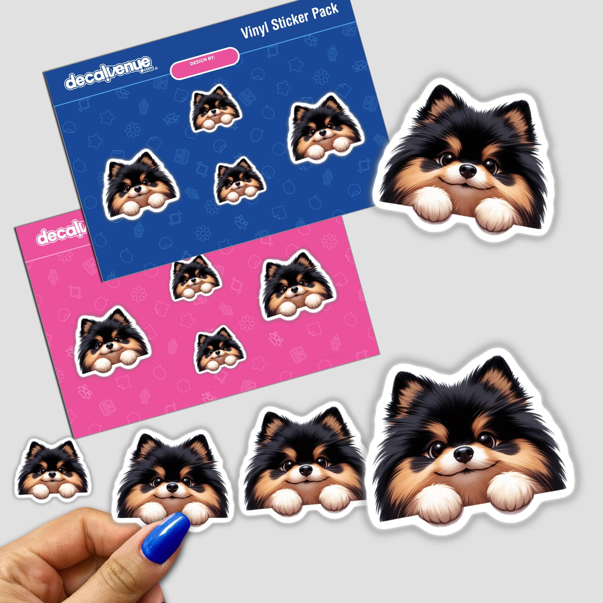 Peeking Tan and Black Pomeranian Pom Dog II sticker or digital artwork, showcasing a playful Pomeranian's face, perfect for pet lovers. Ideal for unique vinyl sticker collections or digital art enthusiasts.